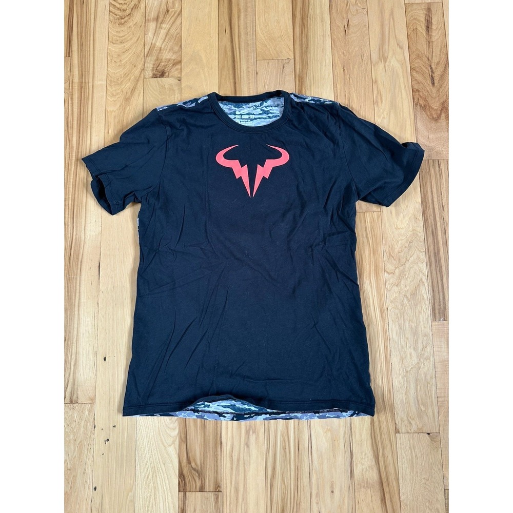 Nike Shirt Mens Med Black Rafa Bull Logo Camo Back Tennis Tee Tagless Athletic